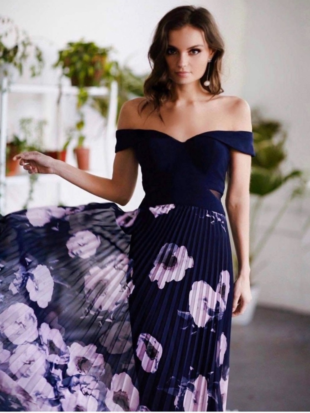 Xscape Navy Maxi Dress with Pink Floral Print Size 2P NWOT